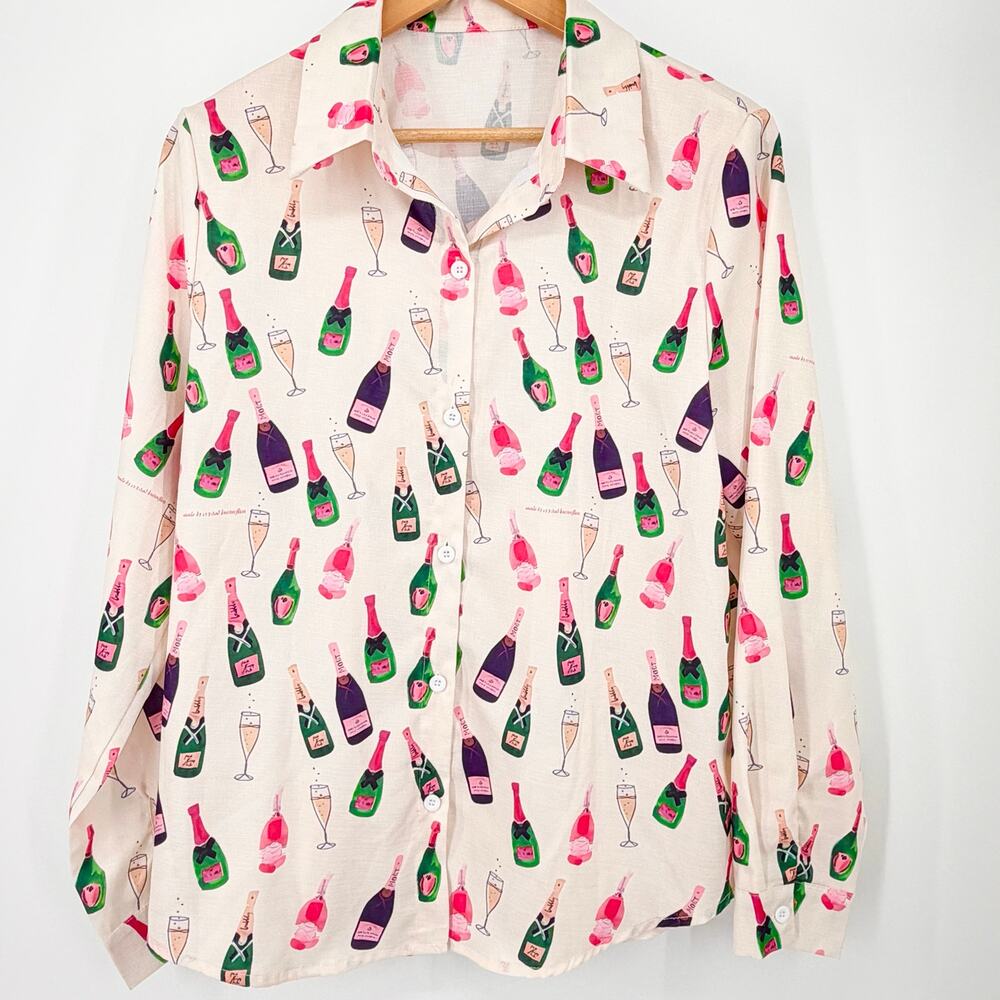 Champagne Bottle Print Button Front Blouse Women’s Medium Pink Novelty Top - Picture 2 of 8